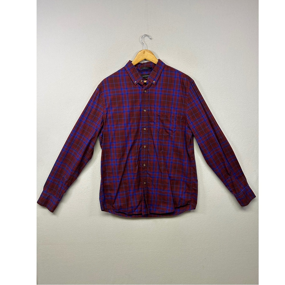 Banana Republic Preppy Dark Academia Mens LG Burgundy Blue Plaid Untucked Shirt